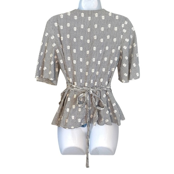 LOFT Blue White Striped Polka Dot Wrap Peplum Top Cotton Blend Short Bell Sleeve - Picture 3 of 7